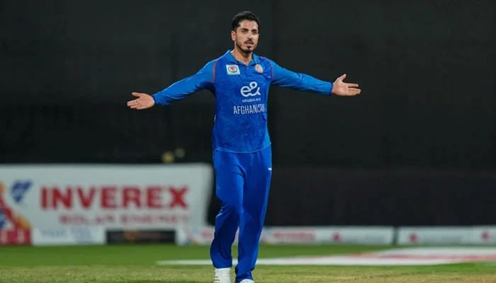 Afghanistans Sharafuddin Ashraf celebrates taking a wicket during their T20I tri-series match against UAE at the Sharjah Cricket Stadium in Sharjah on September 5, 2025. — Emirates Cricket Board