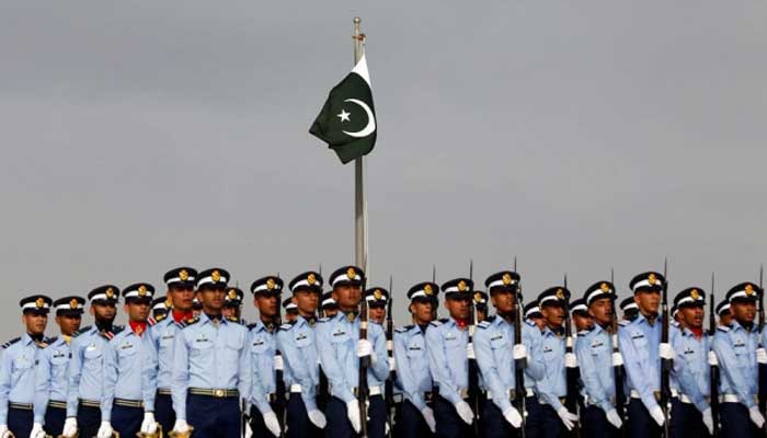 Members of the Pakistan Air Force march near the mausoleum of Muhammad Ali Jinnah during Defence Day ceremonies, or Pakistans Memorial Day, to express solidarity with the people of Kashmir, in Karachi. — Reuters