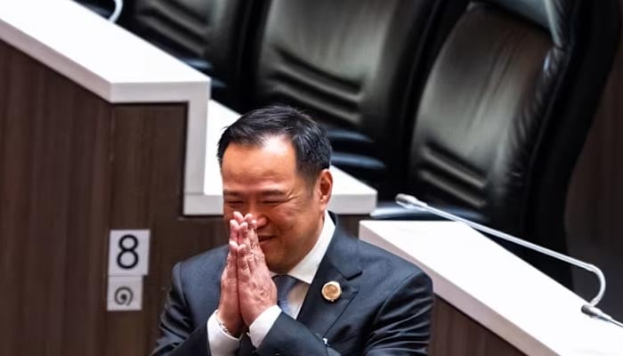 Bhumjaithai Party leader Anutin Charnvirakul gestures in the parliament chamber in Bangkok on Sep 5, 2025. — AFP