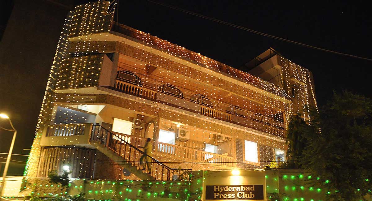 An illuminated view of Hyderabad press club building decorated with colourful lights in on the eve of Eid Milad un Nabi (PBUH) on 12 Rabi ul Awal . — INP