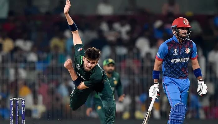 Pacer Shaheen Afridi bowls against Afghanistan during ICC Cricket World Cup match in 2023. — Reuters
