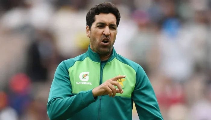 Former cricketer Umar Gul points before day three of the Second Test Match between Australia and Pakistan at Melbourne Cricket Ground on December 28, 2023 in Melbourne. – AFP