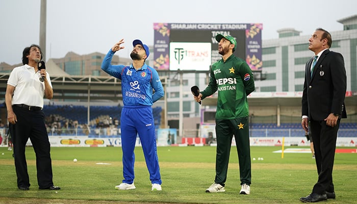 Pakistan skipper Salman Ali Agha (second from right) and Afghanistan captain Rashid Ali (second from left) during the toss for the T20I tri-nation series final at Sharjah Cricket Stadium, Sharjah, September 2, 2025. — Emirates Cricket Board