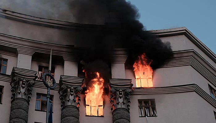 This handout photograph taken and released by Ukrainian State Emergency Service on September 7, 2025, shows a fire at the Ukrainian government building in Kyiv, following an overnight attack, amid the Russian invasion of Ukraine. — AFP