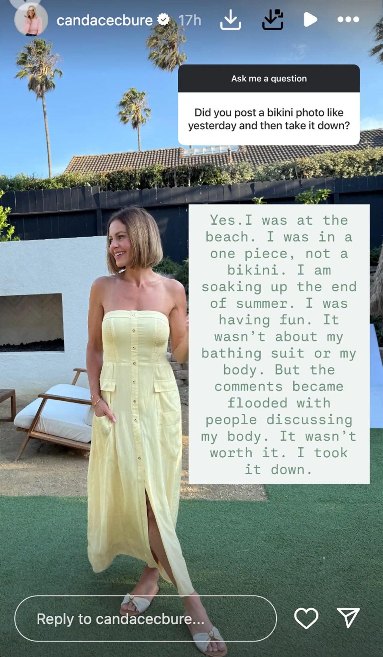 Candace Cameron Bure comments on deleted bathing suit photo