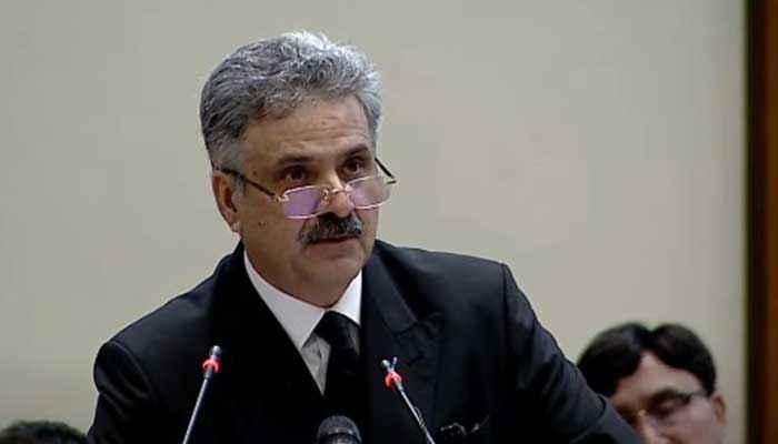 CJP Yahya Afridi addresses judicial conference in Islamabad on September 8, 2025. — Screengrab via GeoNews
