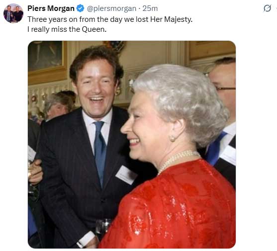 Piers Morgan remembers Queen Elizabeth on anniversary of her death