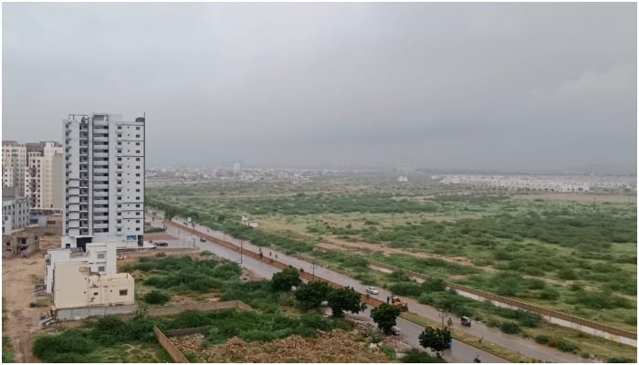 An aerial view of a neighbourhood near Gulshan-e-Azeem in Karachi amid light rain on September 9, 2025. — Geo.tv