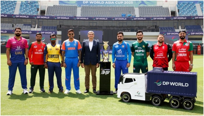 Skippers of all teams participating in Asia Cup 2025 are seen at the trophy unveiling ceremony in Dubai on September 9, 2025. — X@TheRealPCB