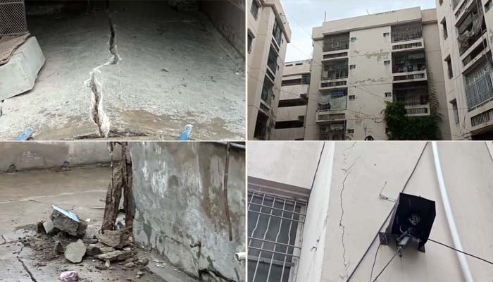 This collage shows depleted situation of a building, which has been declared dangerous, in Karachis Gulistan-e-Jauhar, September 9, 2025. — Reporter