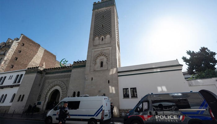 French police officers can be seen in front of the mosque prior at the Grand Mosque of Paris, on May 5, 2025.— AFP