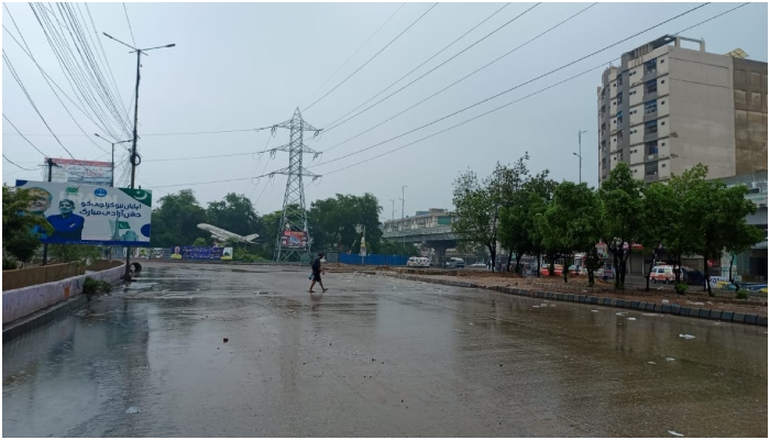 A road drenched in rain seen early morning in Karachi on September 10, 2025. — Geo.tv