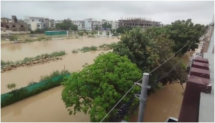 A screengrab taken from a video shows a neighbourhood in Saadi Town submerged in water on September 10, 2025. — Geo.tv