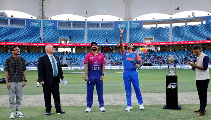 India captain Suryakumar Yadav (second from right) and UAEs Muhammad Waseem (third from right) at the toss for their ACC Mens T20 Asia Cup 2025 match at the Dubai International Cricket Stadium in Dubai on September 10, 2025. — ACC
