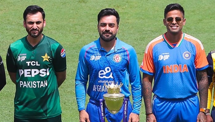 (Left to right) Pakistan skipper Salman Ali Agha, Afghanistans Rashid Khan, and Indias Suryakumar Yadav poses photo with trophy ahead of the commencement of the ACC Mens T20 Asia Cup 2025, September 9, 2025. — Facebook/@AsianCricketCouncil
