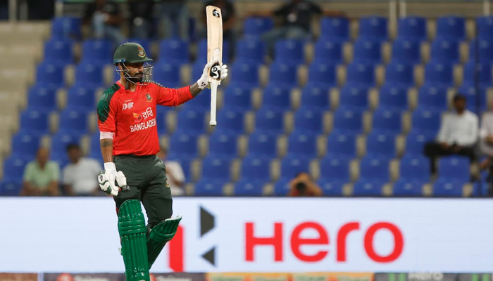 Bangladeshs Litton Das celebrates completing his half-century during the ACC Mens T20 Asia Cup 2025 match against Hong Kong at the Zayed Cricket Stadium in Abu Dhabi on September 11, 2025. — ACC