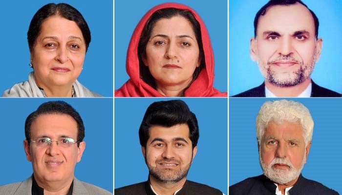 (Clockwise from top left) PTI senators Fouzia Arshad, Falak Naz, Azam Khan Swati, Dost Muhammad, Zeeshan Khanzada and Humayun Mohmand. — Senate website/File