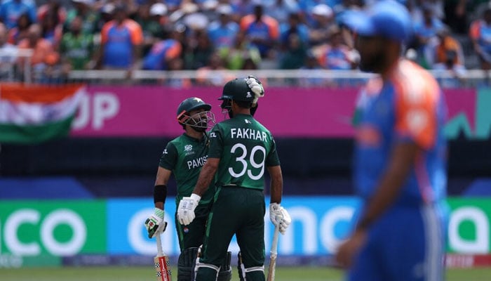 Pakistans Fakhar Zaman celebrates after a six during a match against India at the Nassau County International Cricket Stadium, New York, United States on June 9, 2024. — Reuters