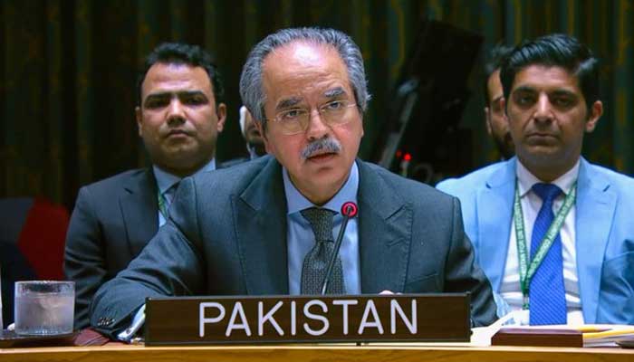 Pakistans UN Ambassador Asim Iftikhar speaks during an emergency UNSC meeting on Middle East in New York, US on September 12, 2025. — X@PakistanUN_NY