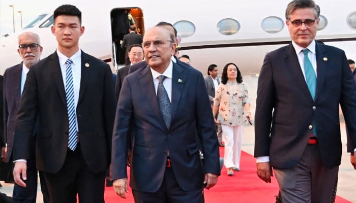 President Asif Ali Zardari lands at Chengdu Shuangliu International Airport to kick off 10-day visit to China, September 12, 2025. — X/@PresofPakistan