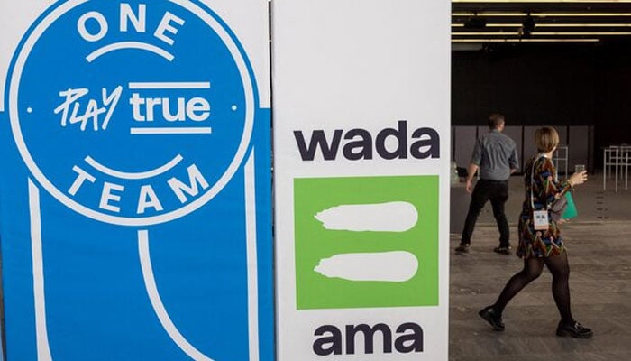 A Wada logo is seen at the World Anti-Doping Agency (WADA) Symposium in Lausanne, Switzerland, March 12, 2024. — Reuters