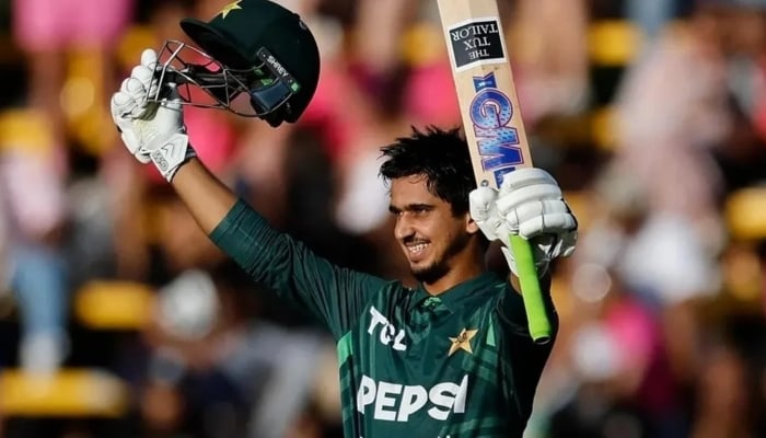 Saim Ayub celebrates his century in ODI series against South Africa. -AFP