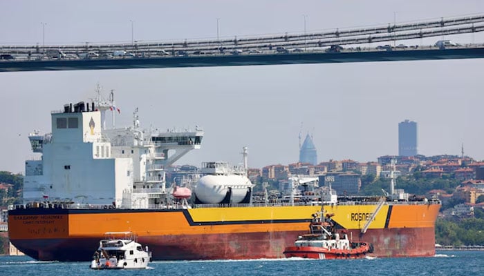 Rosnefts Russian-flagged crude oil tanker Vladimir Monomakh transits the Bosphorus in Istanbul, Turkey, July 6, 2023.— Reuters