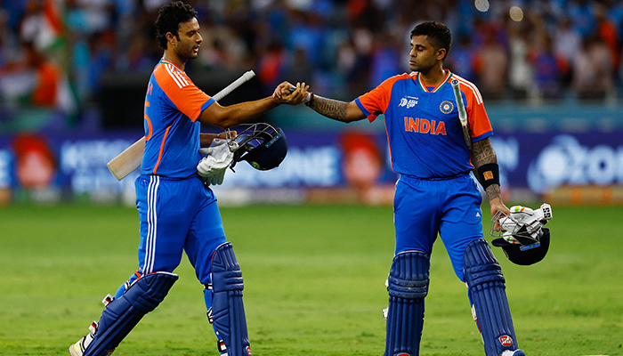 Indias Suryakumar Yadav and Shivam Dube celebrate winning the Asia Cup match against India at Dubai International Cricket Stadium, Dubai, UAE on September 14, 2025. — Reuters