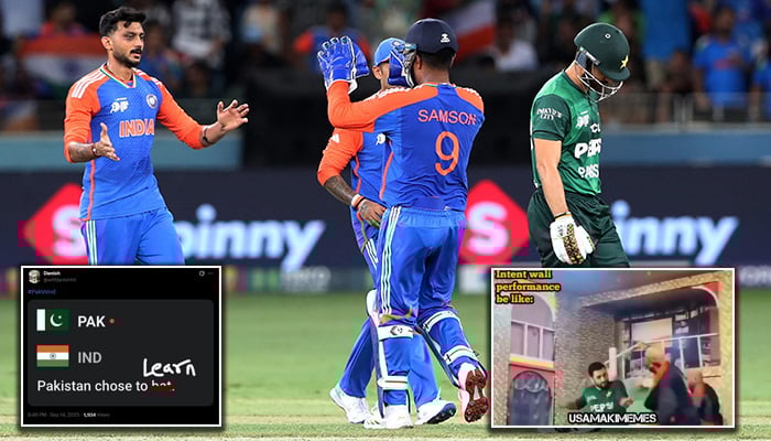 Pakistans Salman Agha looks dejected as he walks to the pavilion after he is cuaght out by Indias Abhishek Sharma off the bowling of Indias Axar Patel. — Reuters