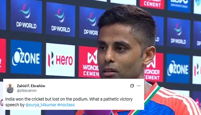 Indian skipper Surya Kumar Yadav speaks at post-match ceremony after Asia Cup clash against Pakistan at Dubai International Cricket Stadium, Dubai, UAE, September 14, 2025. — X