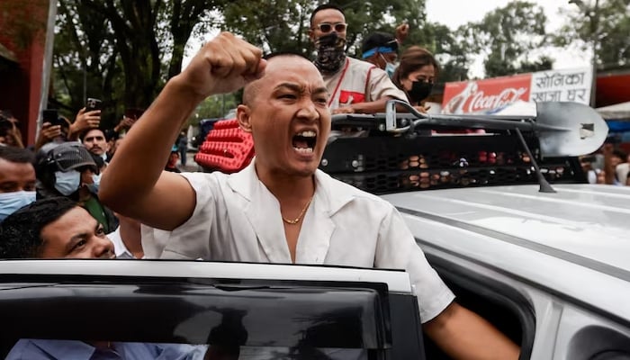 Sudan Gurung, 36, founder of Hami Nepal, shouts as he returns after a brawl during their press conference, following last weeks deadly anti-corruption protests, in Kathmandu, Nepal, September 14, 2025. — Reuters
