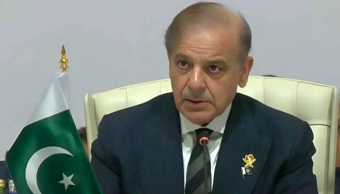 Prime Minister Shehbaz Sharif addresses Emergency Arab-Islamic summit in Doha, Qatar, September 15, 2025. — Screengrab via YouTube/Geo News