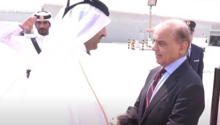 PM Shehbaz Sharif (right) arrives in Qatar for Arab Islamic summit scheduled on September 15, 2025. — Screengrab via GeoNews