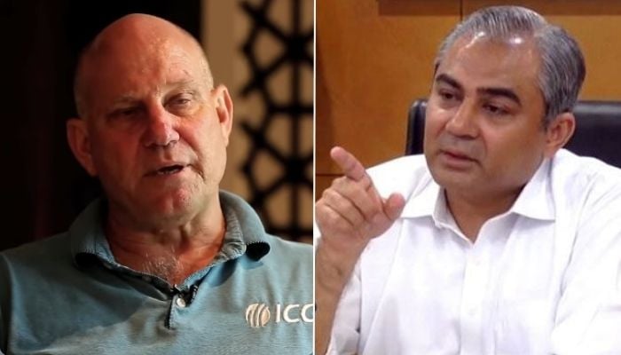 The collage of photos shows Pakistan Cricket Board Chairman (PCB) Mohsin Naqvi (Right) and match referee Andy Pycroft. — ICC/APP