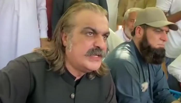 KP CM Ali Amin Gandapur addresses the media at Rawalpindis Adiala jail on Septembr 15, 2025. — Screengrab via Geo News