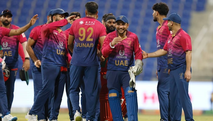 UAE players celebrates a wicket during the ACC Mens Asia T20 Cup 2025 match against Oman at the Zayed Cricket Stadium in Abu Dhabi on September 15, 2025. — AFP