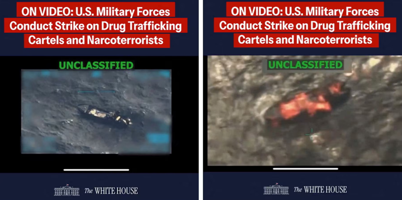 A combination image shows two screen captures from a video posted on the X account of The White House on September 15, 2025, depicting what US President Donald Trump said was a US military strike on a Venezuelan drug cartel vessel that had been on its way to the United States, the second such strike carried out against a suspected drug boat in recent weeks. — Reuters