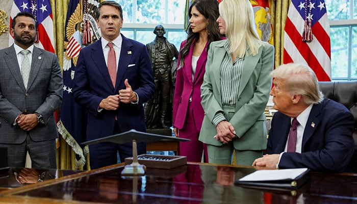 US President Donald Trump, US Homeland Security Secretary Kristi Noem, US Attorney General Pam Bondi, and FBI Director Kash Patel listen as Deputy Attorney General Todd Blanche speaks during an event where Trump will sign a memorandum to send federal resources to Memphis, Tennessee, for a surge against local crime, in the Oval Office at the White House in Washington, DC, US, September 15, 2025. — Reuters