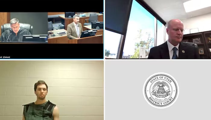 Tyler Robinson appears via video feed from jail as he makes his first appearance at Utah County Justice Court in Provo, Utah. Utah State Courts on September 16, 2025. — Reuters