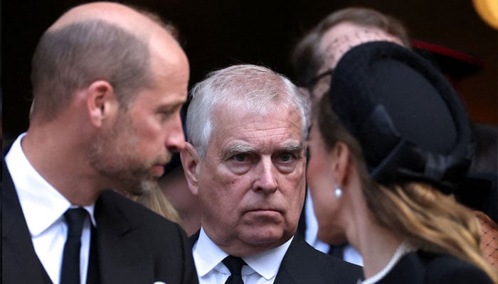 Britains Prince Andrew stands next to Prince William and his wife Catherine, Princess of Wales, as they leave Westminster Cathedral at the end of the Requiem Mass, on the day of the funeral of Britains Katharine, Duchess of Kent, in London, Britain, September 16, 2025. REUTERS/Toby Melville TPX IMAGES OF THE DAY