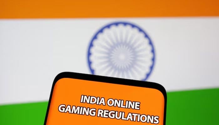 The words India online gaming regulations are displayed in front of an Indian flag in this Illustration taken September 14, 2022.