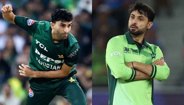 The collage of photos shows Pakistan spinners Sufiyan Muqeem (left) and Arar Ahmed. - AFP