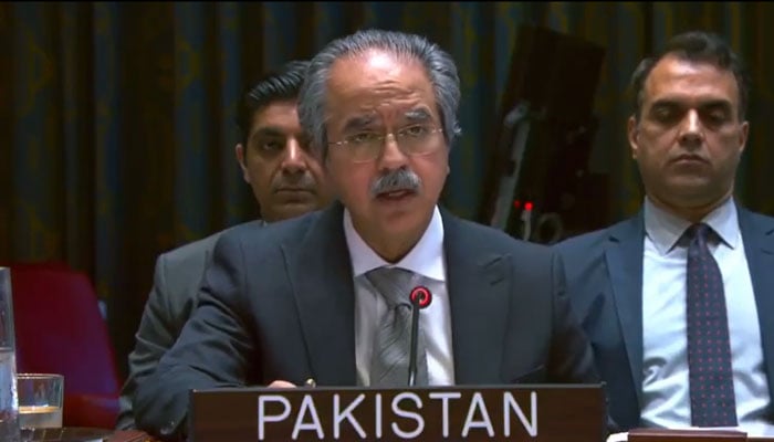 Pakistan’s Permanent Representative to the UN Ambassador Asim Iftikhar Ahmad speaks to UNSC on September 17, 2025. — X@PakistanUN_NY