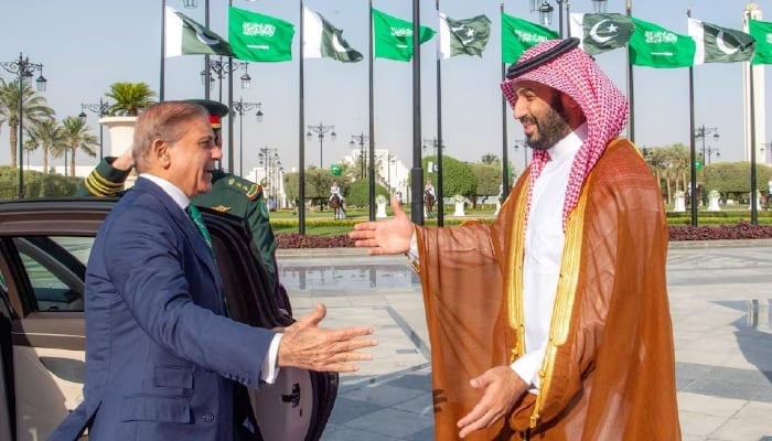 Saudi Crown Prince Mohammed bin Salman greets Prime Minister Shehbaz Sharif in Riyadh, Saudi Arabia, September 17, 2025. — Reuters
