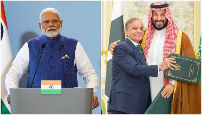 A collage showing Indian PM Narendra Modi (left) and PM Shehbaz Sharif and Saudi Arabias Crown Prince Mohammed bin Salman. — Reuters/PMO/File