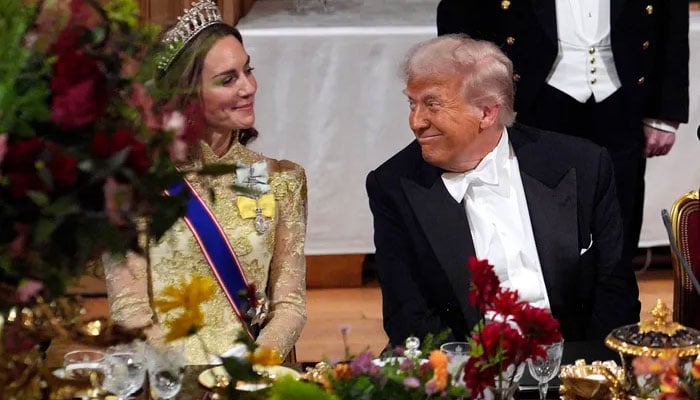 US President Donald Trump and Britains Princess Catharine during State Banquet at Windsor Castle