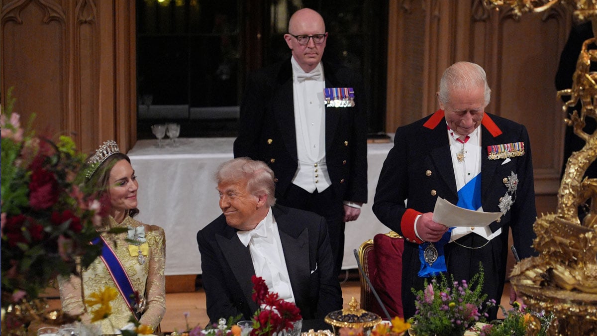 King Charles III delivers his speech as US President Donald Trump and the Princess of Wales listen during the state banquet for the US President and First Lady Melania Trump at Windsor Castle, Berkshire, on day one of their second state visit to the UK, Wednesday September 17, 2025. Yui Mok/Pool via REUTERS