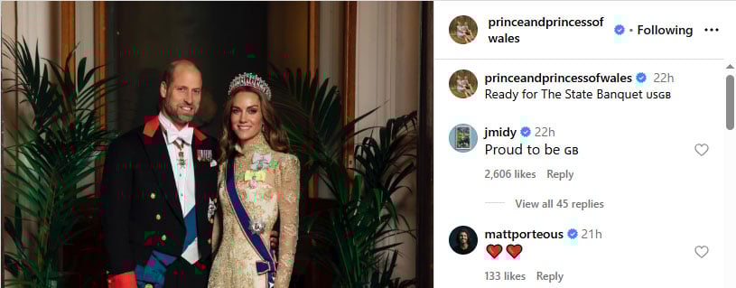 Kate Middletons brother James reacts to her State Banquet photo with Prince William