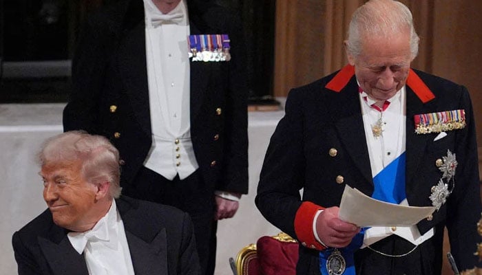 King Charles III delivers his speech as US President Donald Trump and the Princess of Wales listen during the state banquet for the US President and First Lady Melania Trump at Windsor Castle, Berkshire, on day one of their second state visit to the UK, Wednesday September 17, 2025. Yui Mok/Pool via REUTERS