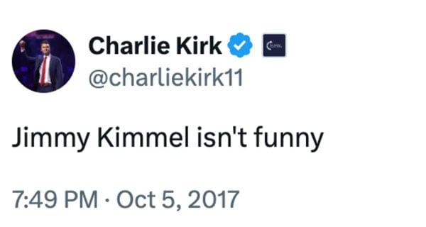 Charlie Kirks chilling old tweet about Jimmy Kimmel goes viral after suspension